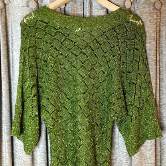 Cache Green Metallic Dolman Sleeve Open Crochet Knit Banded Bottom Top Size XS - Picture 10 of 10